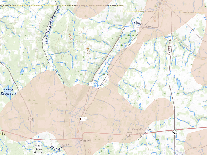Radar-estimated hail-size map of the storm over Wyoming, NY on Sep 2, 2026