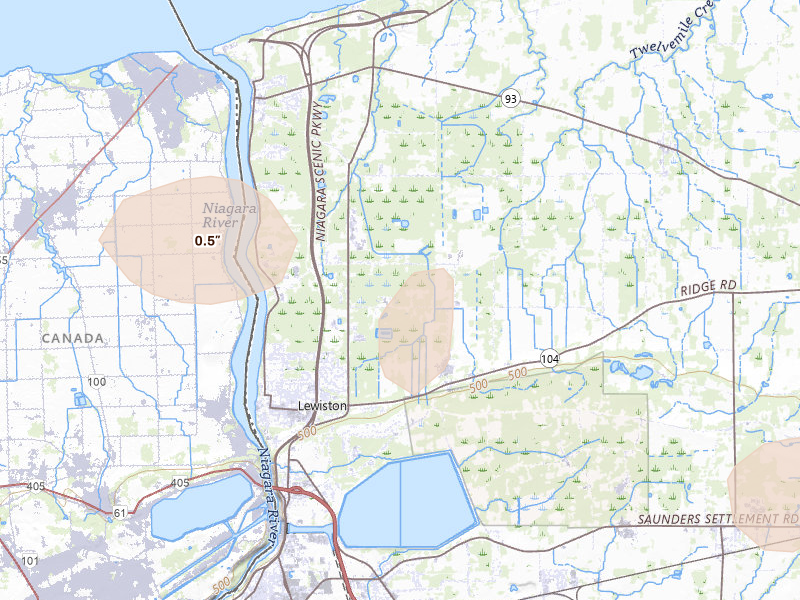 Radar-estimated hail-size map of the storm over Youngstown, NY on Jul 18, 2026