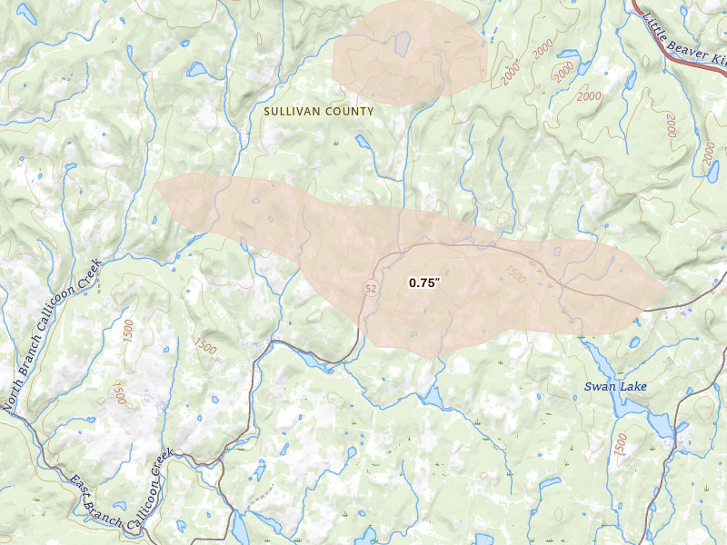 Radar-estimated hail-size map of the storm over Youngsville, NY on Jun 6, 2026