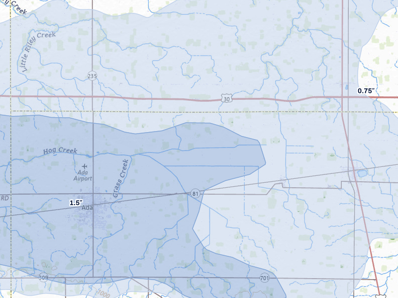 NEXRAD radar-signature map of the hail storm over Ada, OH on Mar 22, 2026