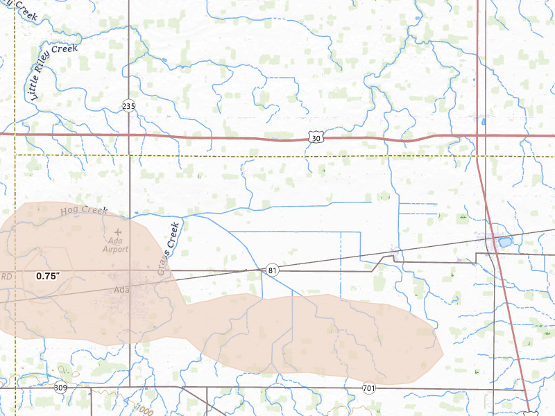 Radar-estimated hail-size map of the storm over Ada, OH on Apr 3, 2026