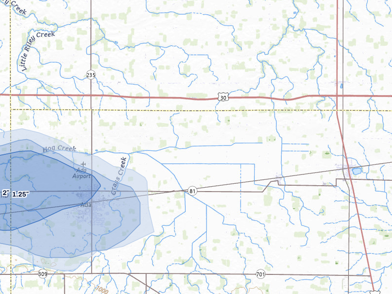 NEXRAD radar-signature map of the hail storm over Ada, OH on Apr 3, 2026