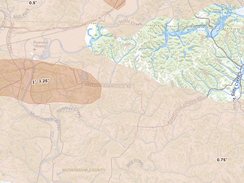 Radar-estimated hail-size map of the storm over Adamsville, OH on Mar 22, 2026