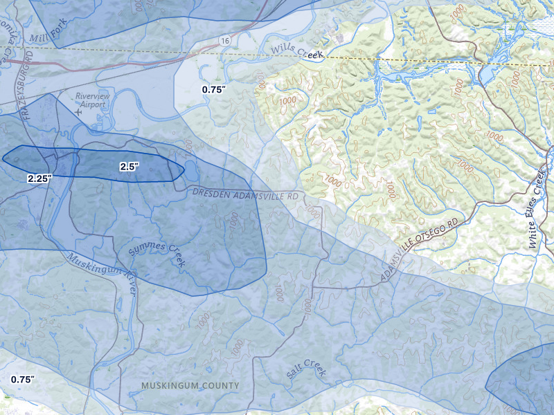 NEXRAD radar-signature map of the hail storm over Adamsville, OH on Mar 22, 2026