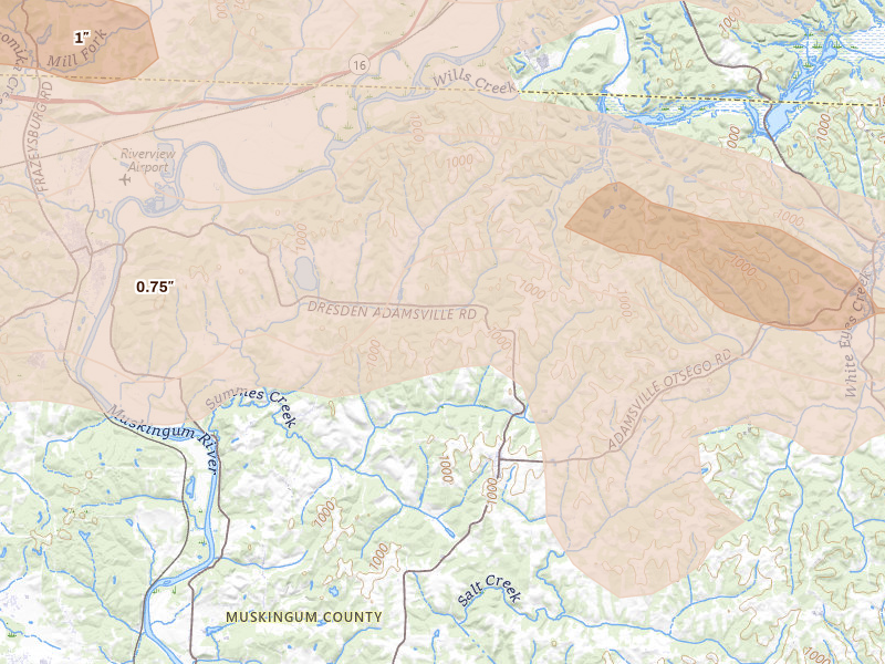 Radar-estimated hail-size map of the storm over Adamsville, OH on Jun 6, 2026