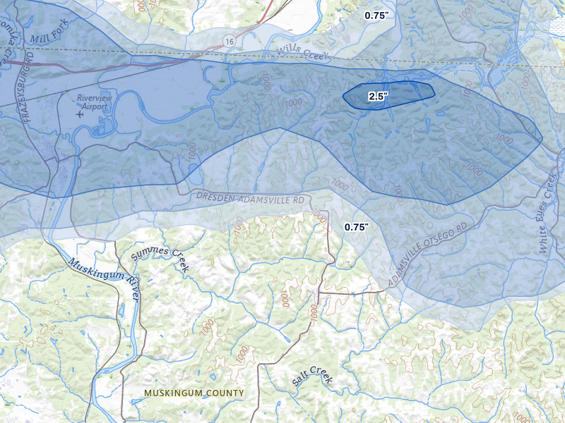 NEXRAD radar-signature map of the hail over Adamsville, OH