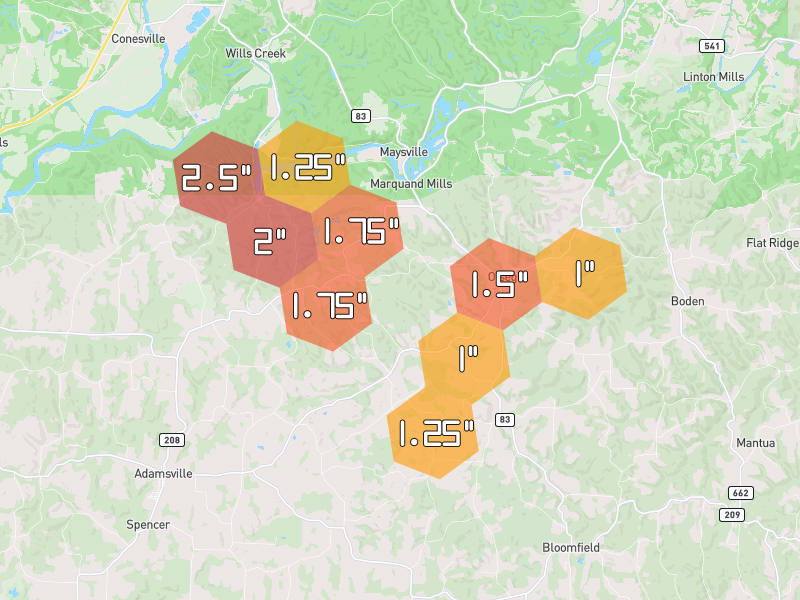 Hail map of Adamsville, OH on Jun 6, 2026, hail up to 2.5"