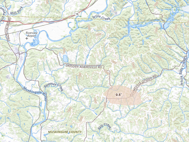 Radar-estimated hail-size map of the storm over Adamsville, OH on Jul 6, 2026