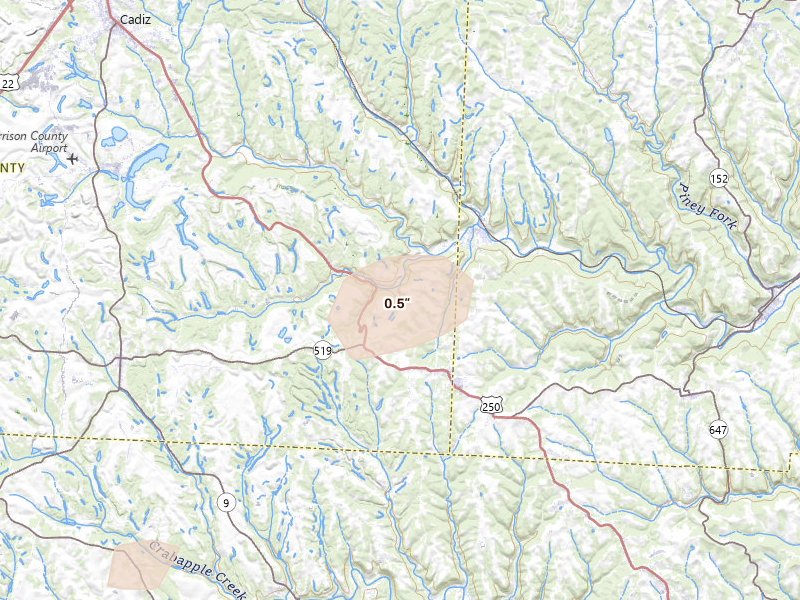 Radar-estimated hail-size map of the storm over Adena, OH on Aug 8, 2026