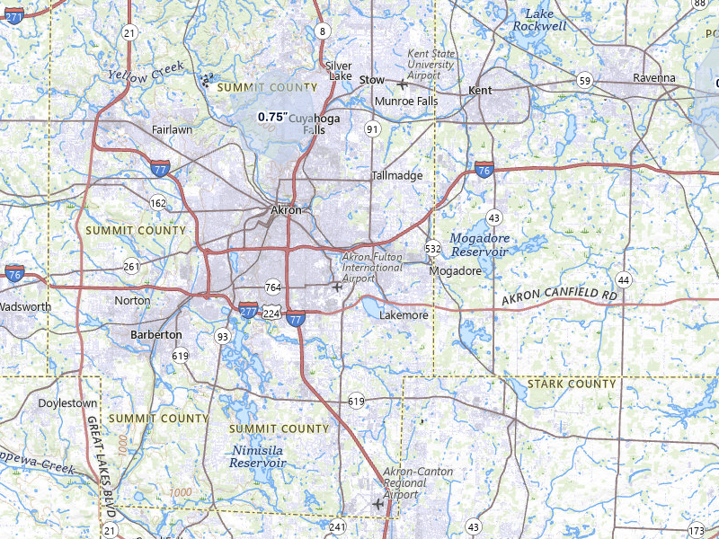 NEXRAD radar-signature map of the hail over Akron, OH