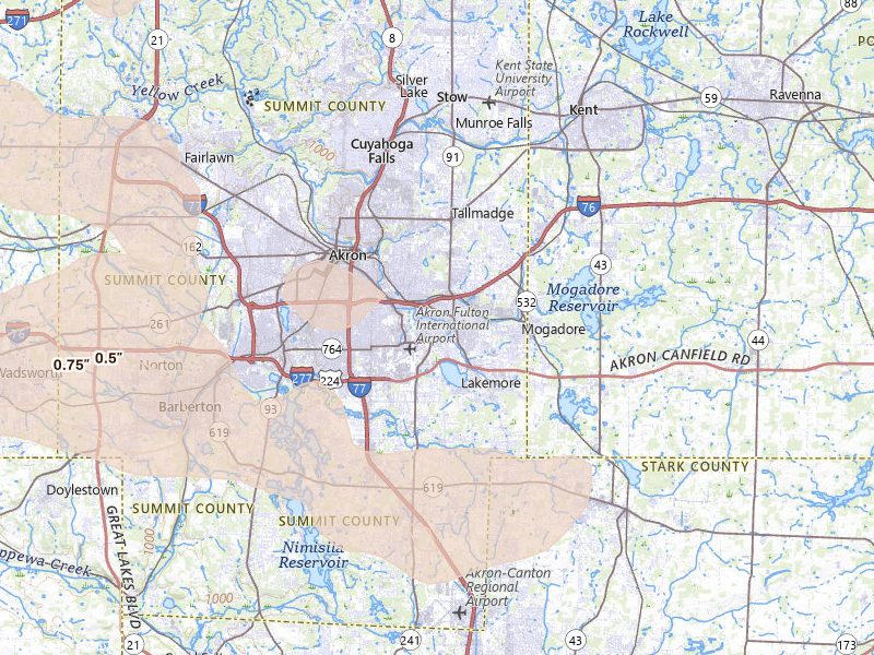 Radar-estimated hail-size map of the storm over Akron, OH
