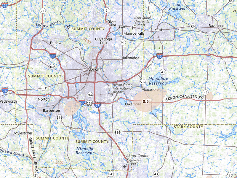 Radar-estimated hail-size map of the storm over Akron, OH on Jul 3, 2026