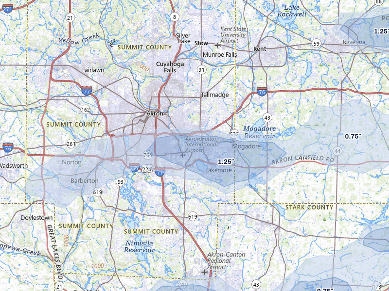 NEXRAD radar-signature map of the hail over Akron, OH
