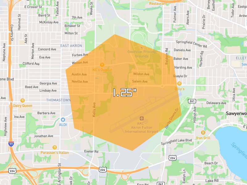 Hail map of Akron, OH on Jul 4, 2026, hail up to 1.25"