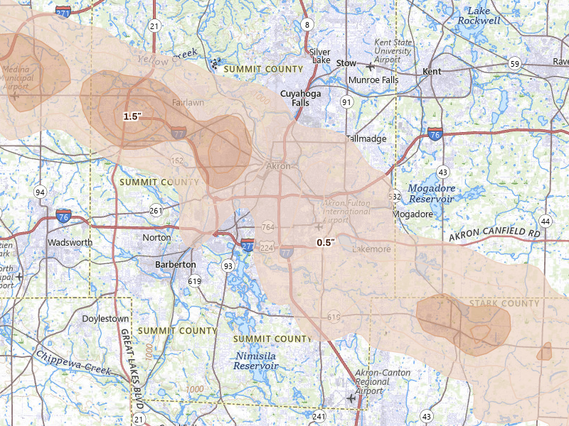 Radar-estimated hail-size map of the storm over Akron, OH on Aug 10, 2026