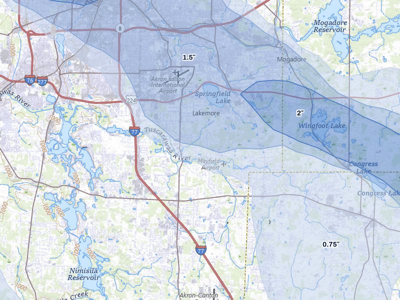 NEXRAD radar-signature map of the hail storm over Akron, OH on Aug 10, 2026
