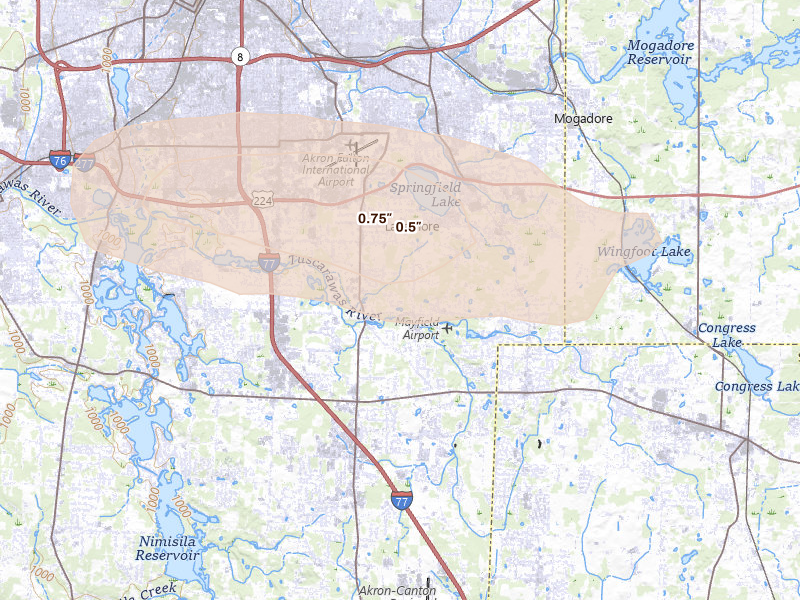 Radar-estimated hail-size map of the storm over Akron, OH