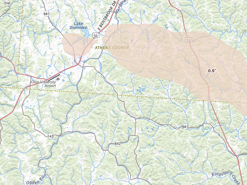 Radar-estimated hail-size map of the storm over Albany, OH on Aug 10, 2026