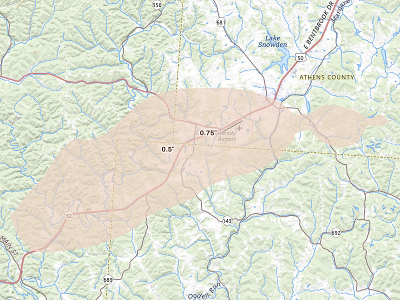 Radar-estimated hail-size map of the storm over Albany, OH on Aug 22, 2026