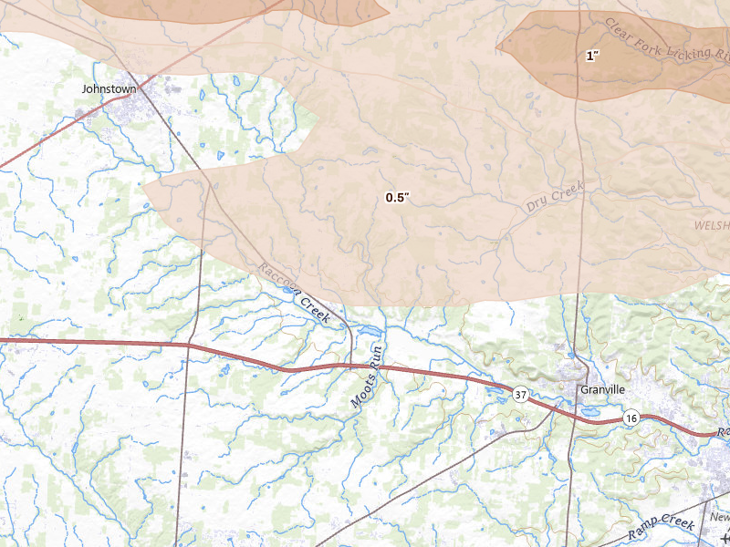 Radar-estimated hail-size map of the storm over Alexandria, OH on Mar 22, 2026