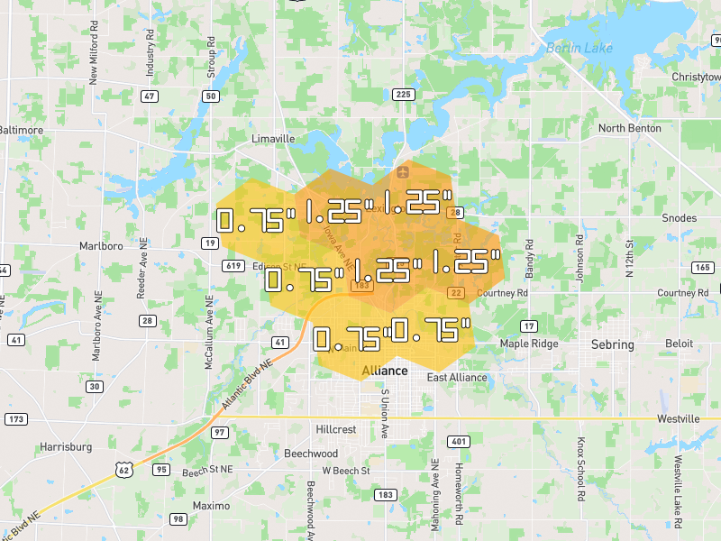 Hail map of Alliance, OH on Jul 4, 2026, hail up to 1.25"