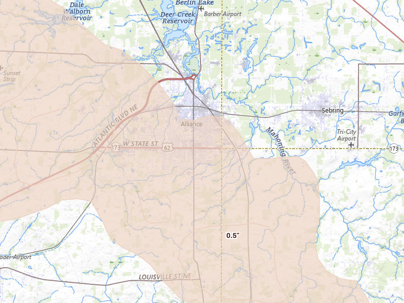 Radar-estimated hail-size map of the storm over Alliance, OH on Aug 10, 2026