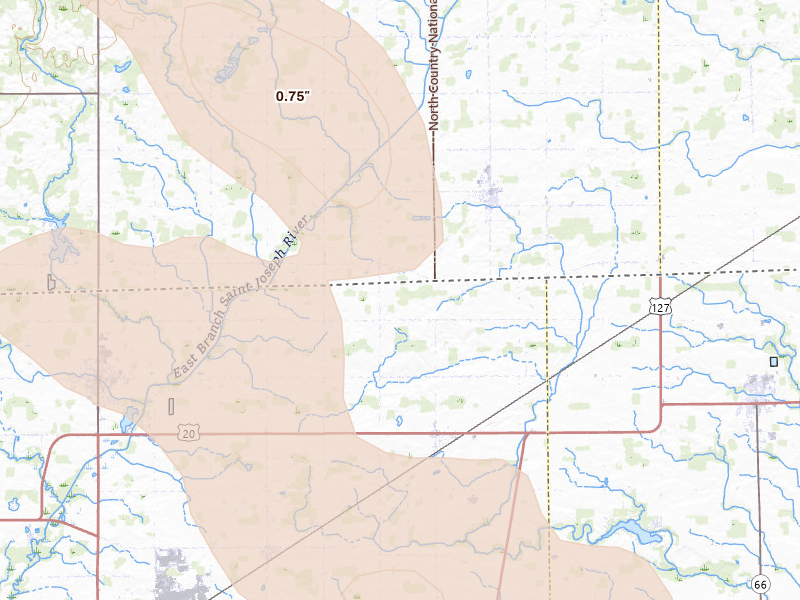 Radar-estimated hail-size map of the storm over Alvordton, OH on Apr 22, 2026