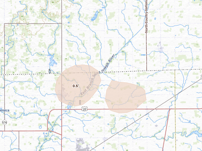 Radar-estimated hail-size map of the storm over Alvordton, OH on Aug 21, 2026