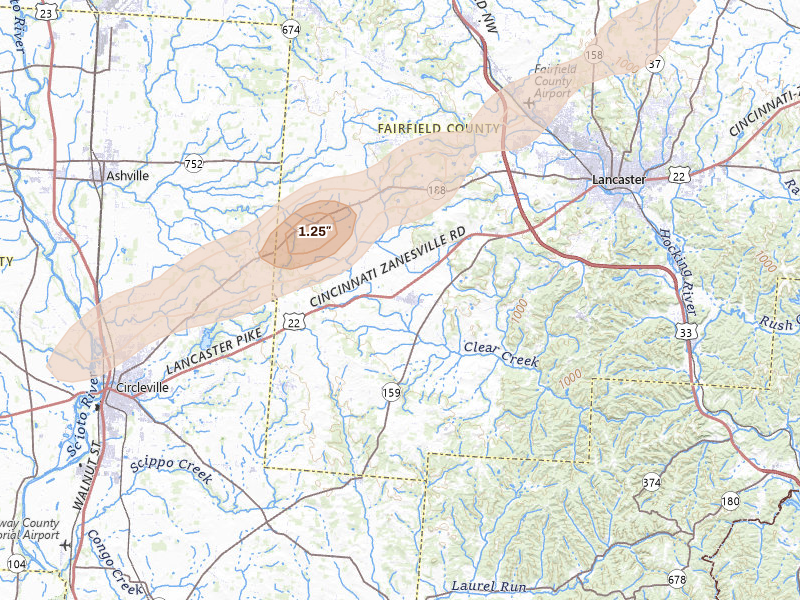 Radar-estimated hail-size map of the storm over Amanda, OH on Mar 7, 2026