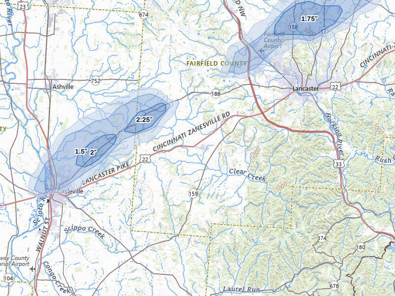 NEXRAD radar-signature map of the hail storm over Amanda, OH on Mar 7, 2026
