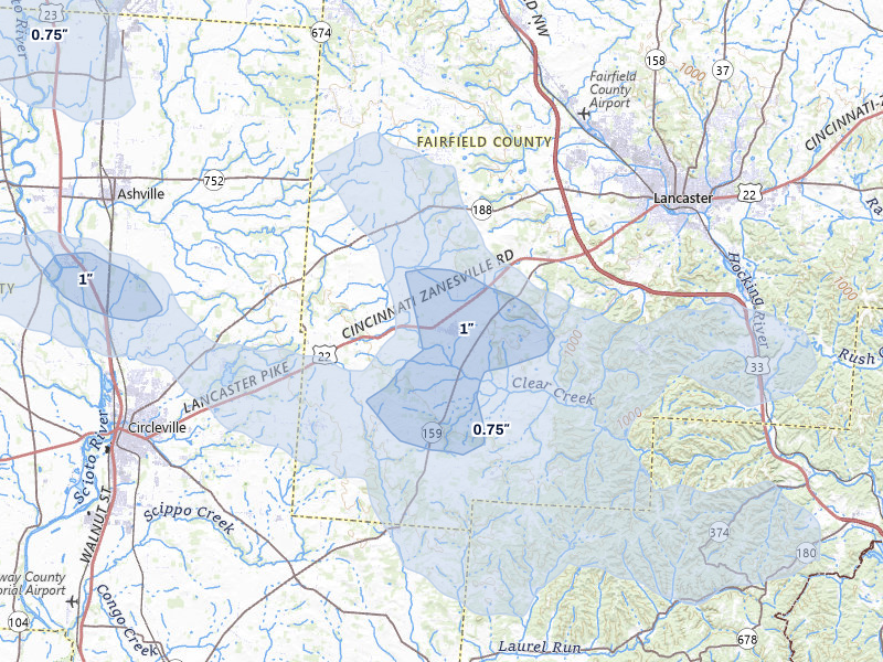 NEXRAD radar-signature map of the hail storm over Amanda, OH on Mar 22, 2026