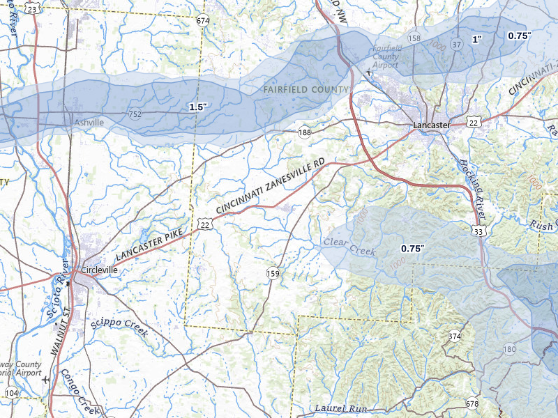 NEXRAD radar-signature map of the hail over Amanda, OH