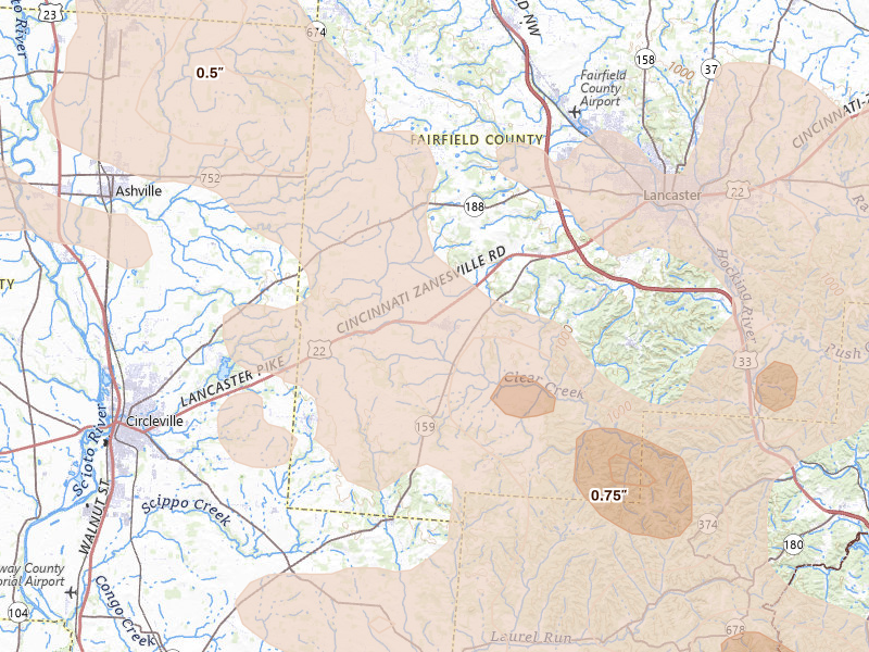 Radar-estimated hail-size map of the storm over Amanda, OH on Aug 10, 2026