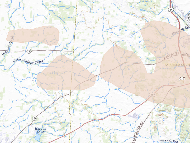 Radar-estimated hail-size map of the storm over Amanda, OH on Aug 11, 2026