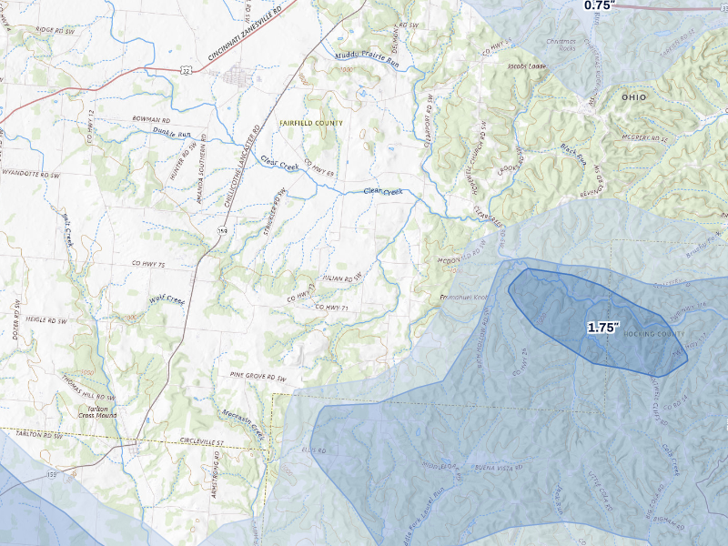 NEXRAD radar-signature map of the hail storm over Amanda, OH on Aug 11, 2026
