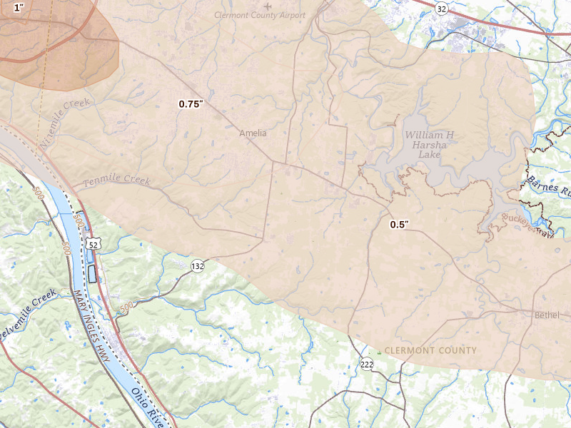 Radar-estimated hail-size map of the storm over Amelia, OH on Jul 21, 2026
