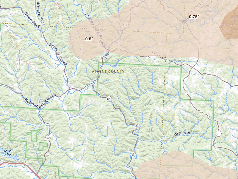 Radar-estimated hail-size map of the storm over Amesville, OH on Apr 1, 2026