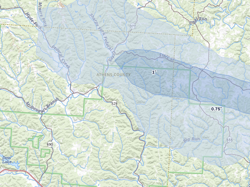 NEXRAD radar-signature map of the hail over Amesville, OH