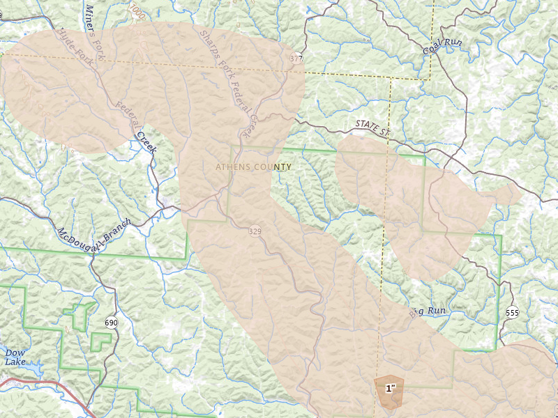 Radar-estimated hail-size map of the storm over Amesville, OH on Aug 10, 2026
