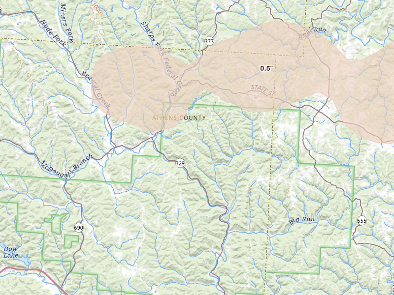 Radar-estimated hail-size map of the storm over Amesville, OH on Aug 22, 2026