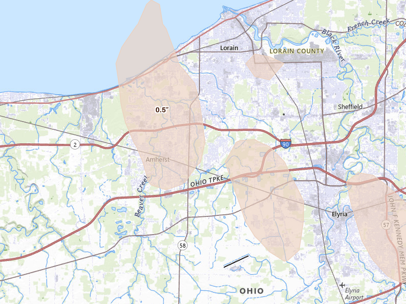 Radar-estimated hail-size map of the storm over Amherst, OH on Aug 10, 2026