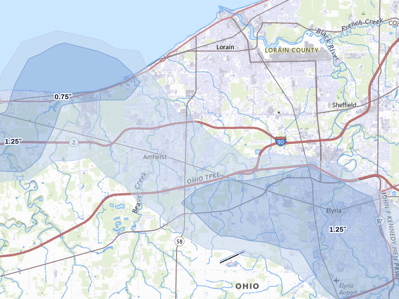 NEXRAD radar-signature map of the hail storm over Amherst, OH on Aug 10, 2026