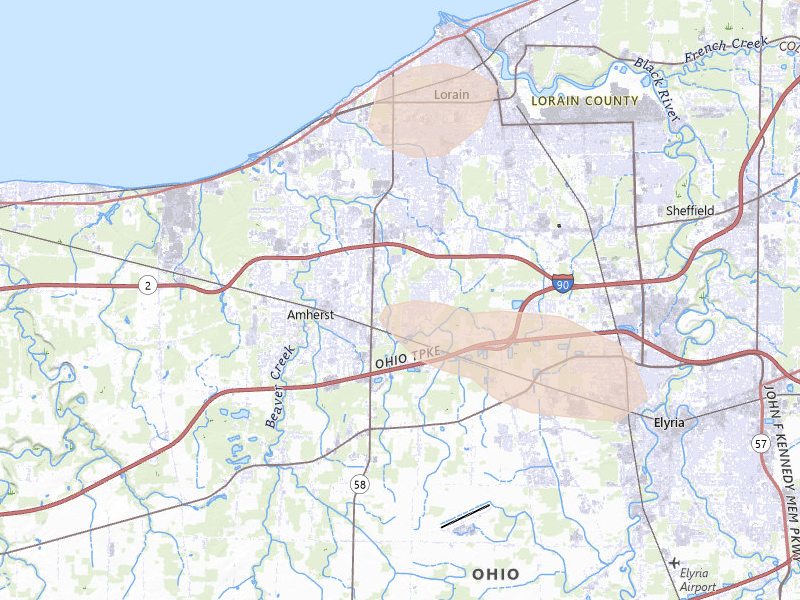 Radar-estimated hail-size map of the storm over Amherst, OH on Aug 22, 2026