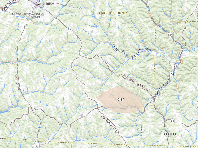 Radar-estimated hail-size map of the storm over Amsterdam, OH on Aug 8, 2026