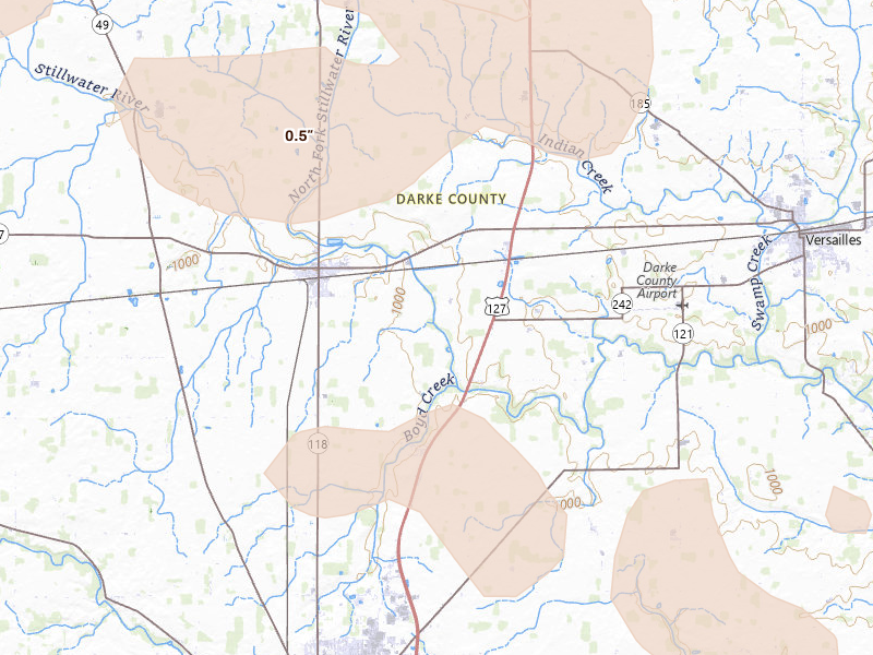 Radar-estimated hail-size map of the storm over Ansonia, OH on Aug 11, 2026