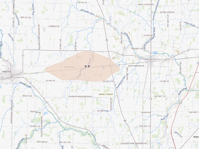 Radar-estimated hail-size map of the storm over Ansonia, OH on Sep 16, 2026