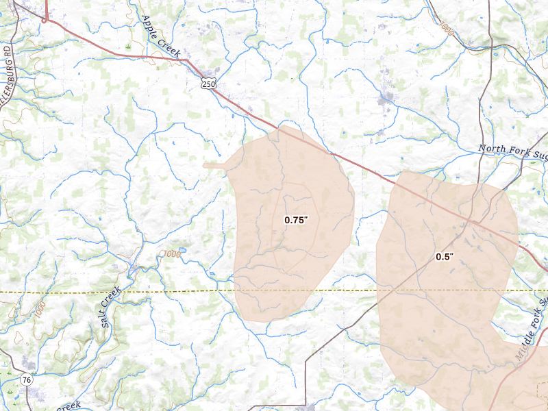 Radar-estimated hail-size map of the storm over Apple Creek, OH on Aug 10, 2026