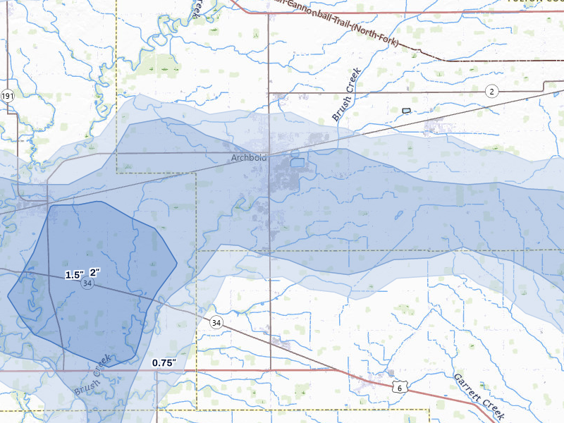 NEXRAD radar-signature map of the hail storm over Archbold, OH on Mar 26, 2026