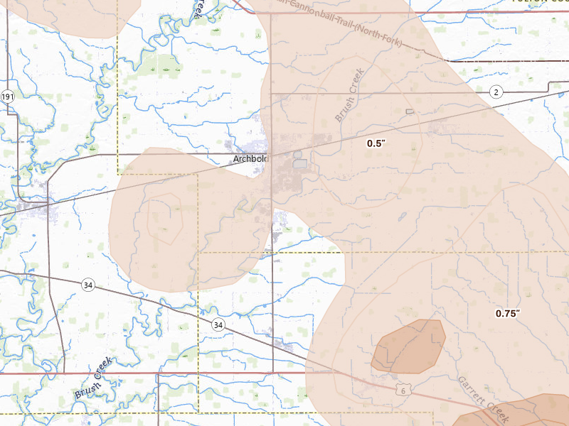 Radar-estimated hail-size map of the storm over Archbold, OH on Apr 22, 2026