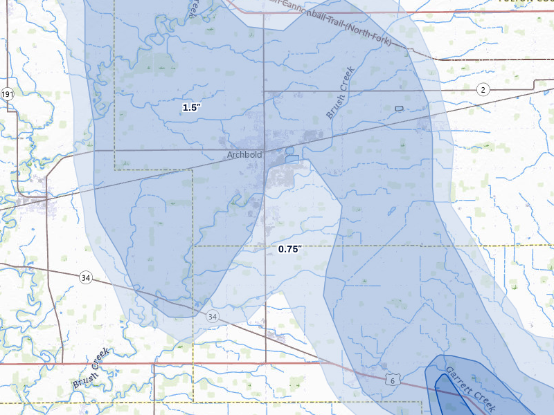 NEXRAD radar-signature map of the hail storm over Archbold, OH on Apr 22, 2026